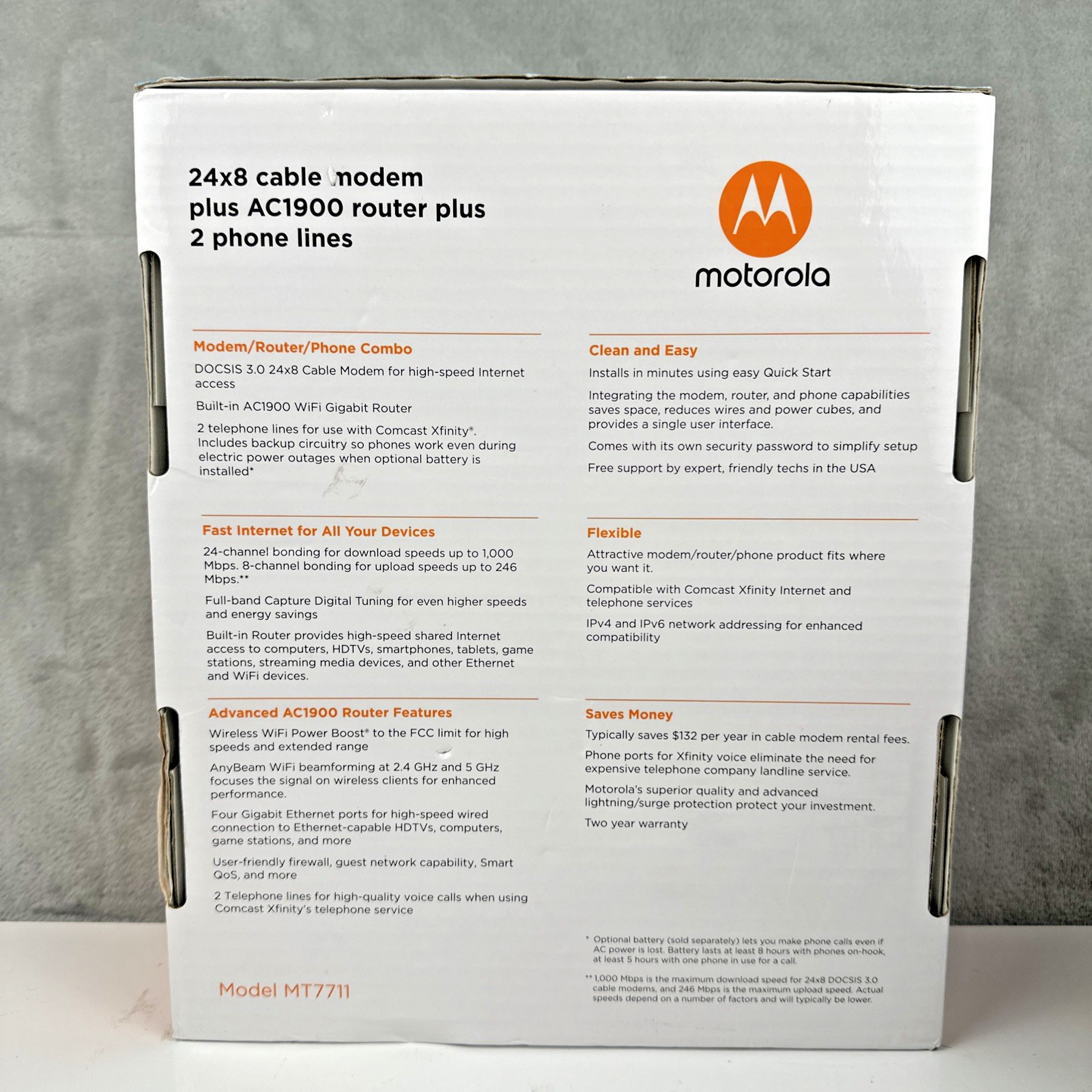 Motorola MT7711 24×8 Cable Modem AC1900 WiFi Router 2 Phone Lines Xfinity *READ*