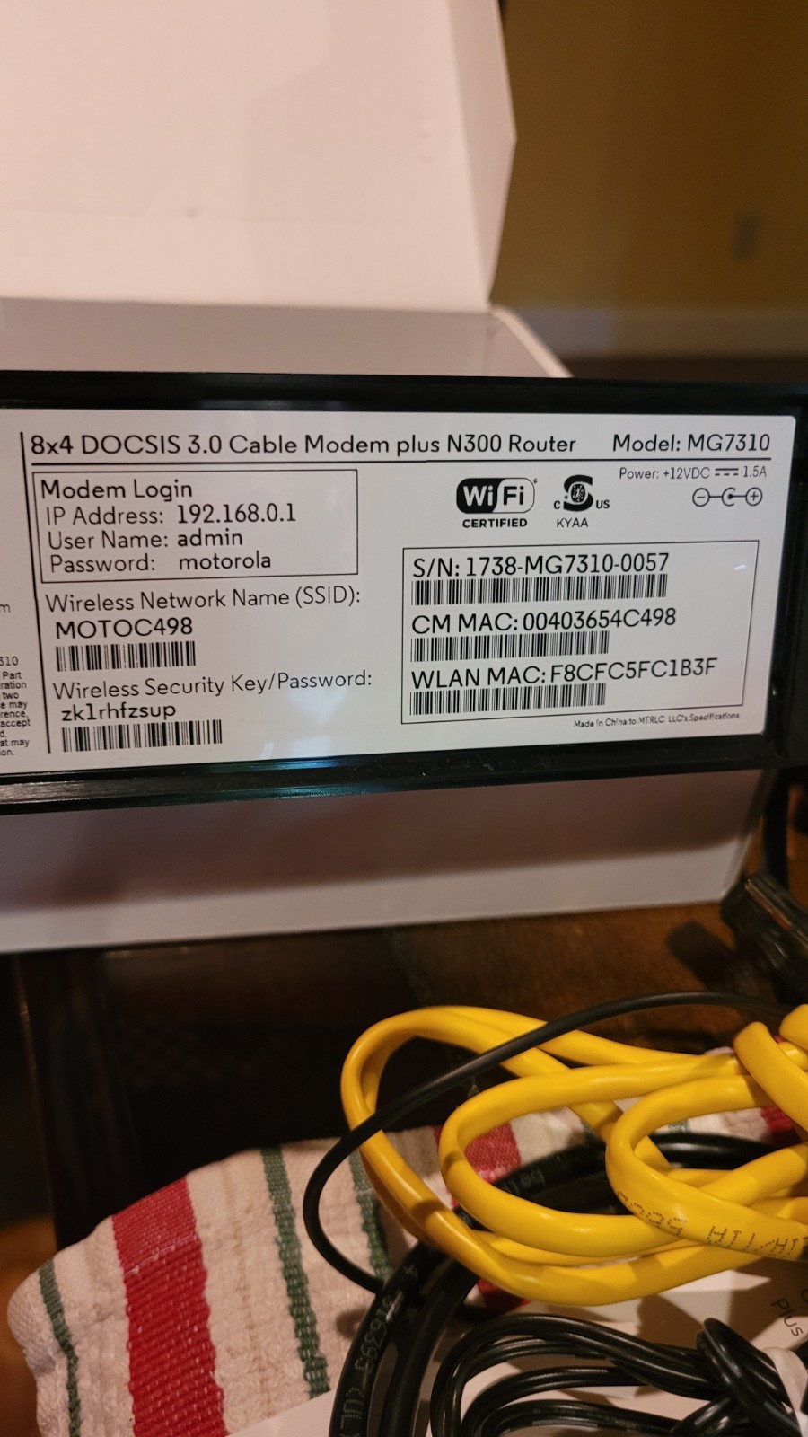 Motorola MG7310 Cable Modem Plus N300 Router