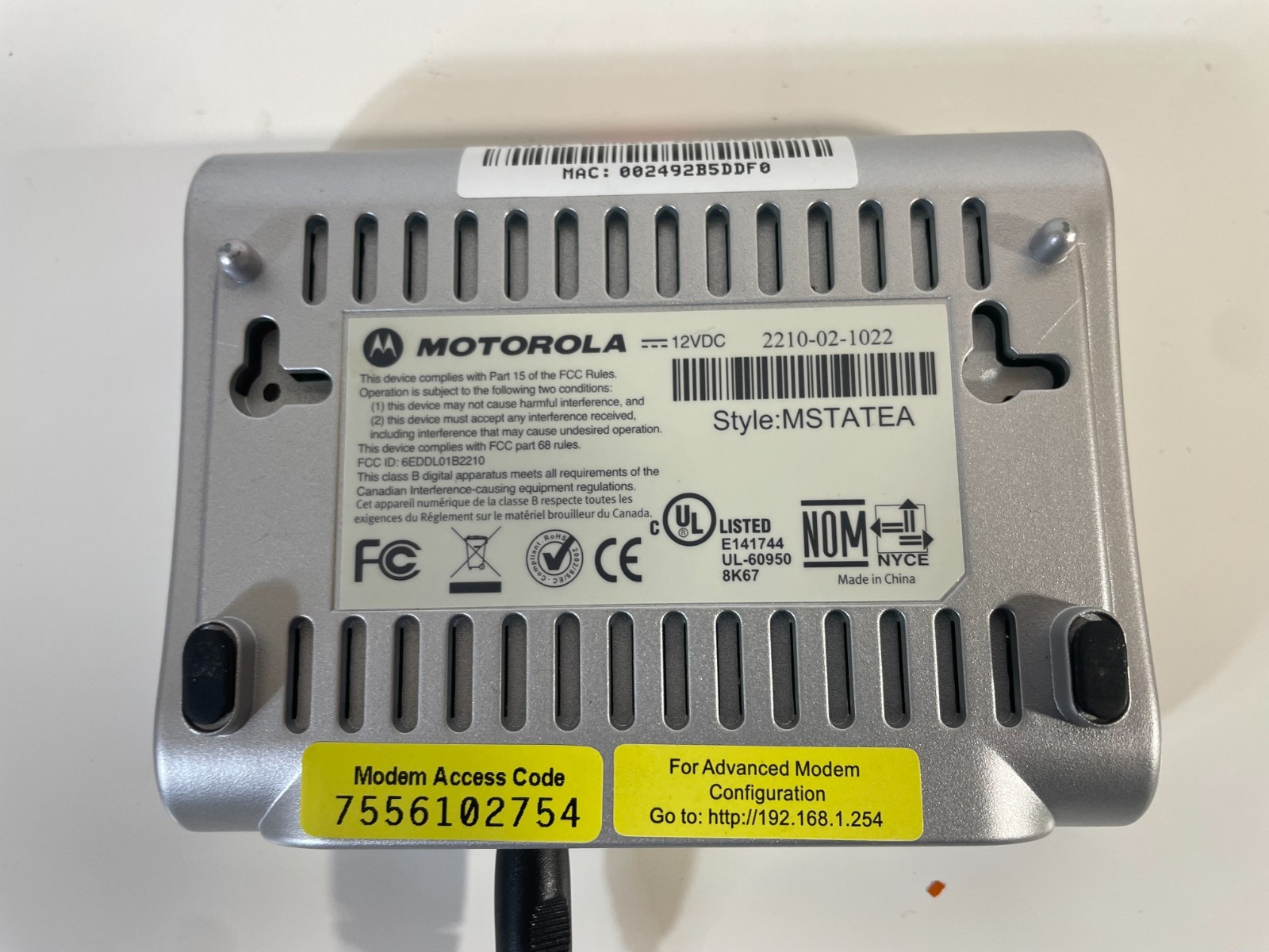 Motorola 2210-02-1022 MSTATEA DSL Ethernet Modem With Power Supply