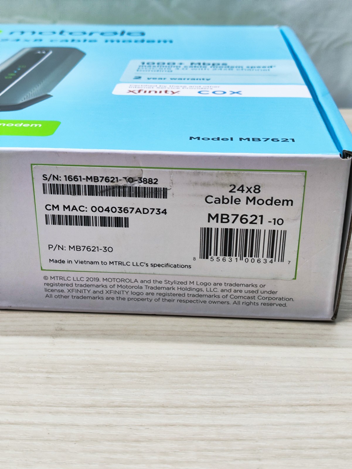 Motorola 24×8 Cable Modem Model MB7621 DOCSIS 3.0 1000+Mbps WiFi Router