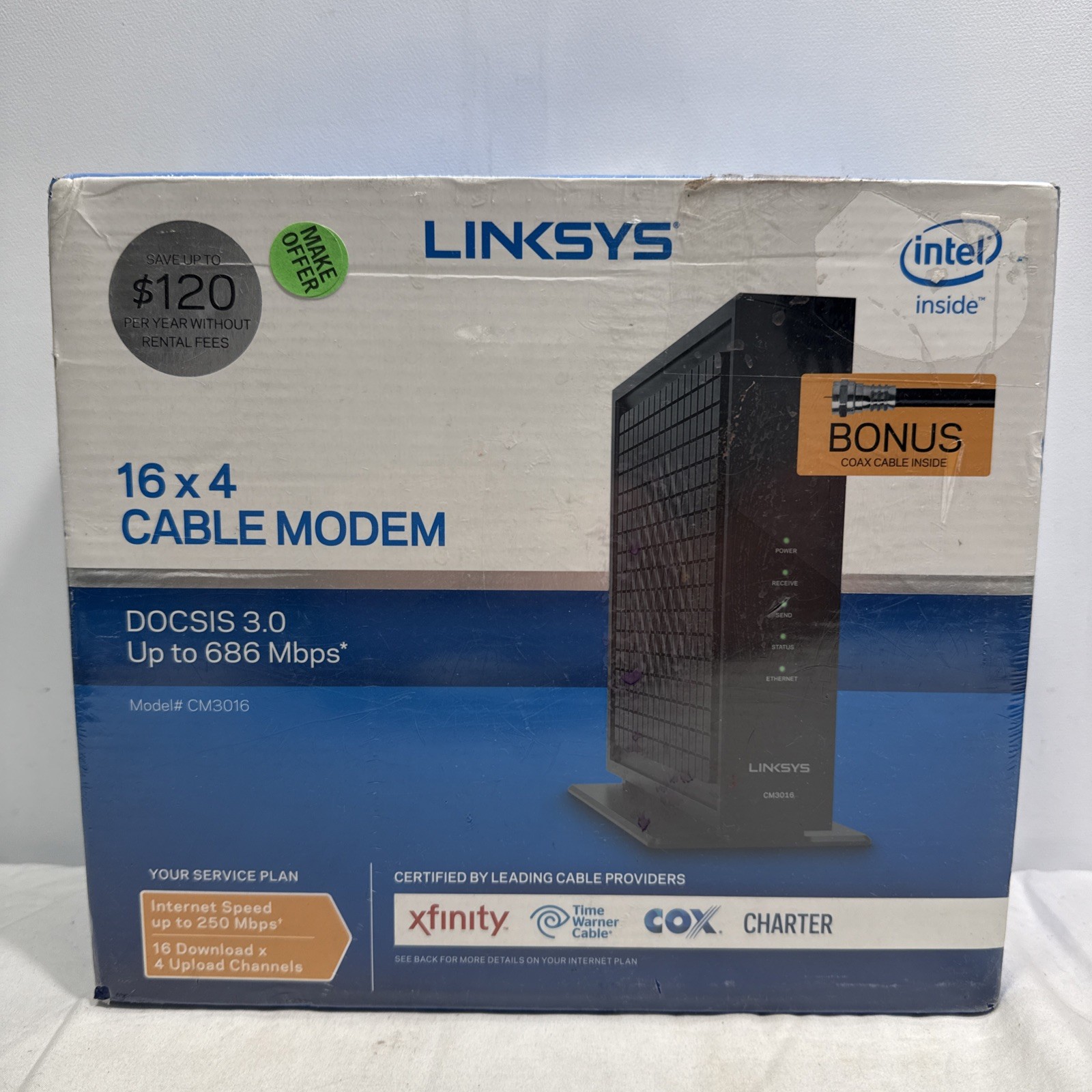 LINKSYS 16 x 4 Cable Modem, 16 x 4 Bonded Channels, DOCSIS 3.0, CM3016 ~ SEALED