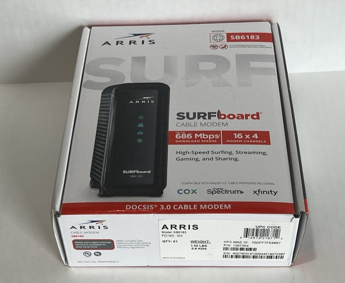 ARRIS Surfboard SB6183 DOCSIS 3.0 Cable Modem, 686 Mbps Max Fast Shipping