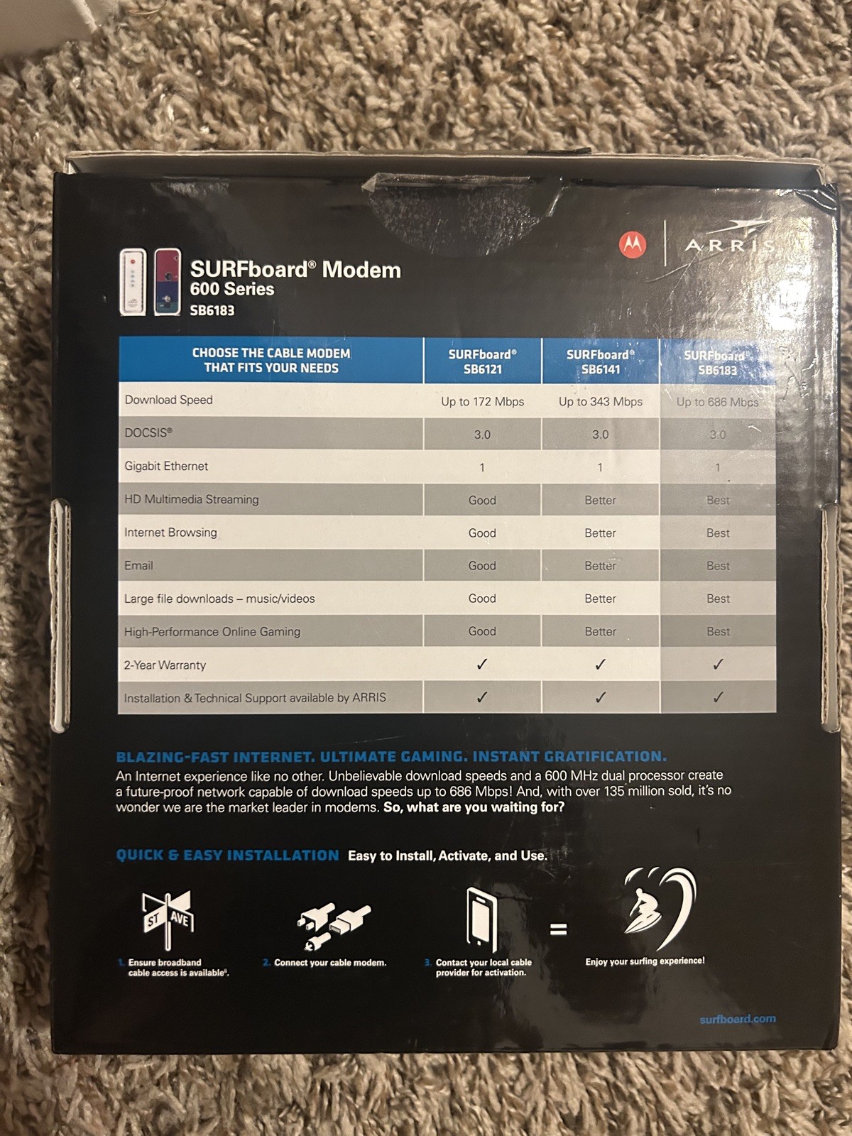 Motorola Cable Modem Surfboard ARRIS SB6183 Docsis 3.0 Cable Modem Open Box
