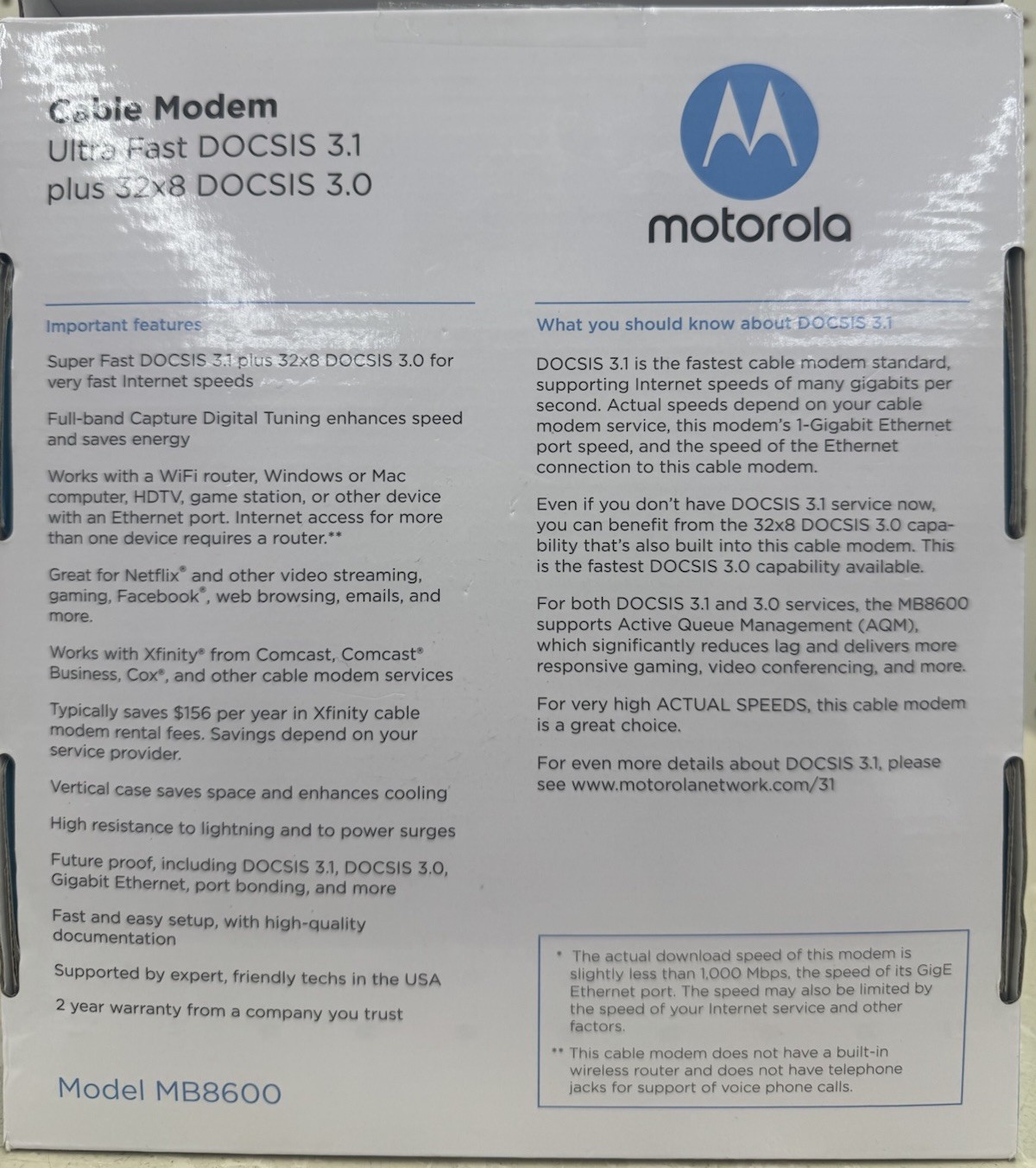 Motorola MB8600 DOCSIS 3.1 Cable – Black .A10