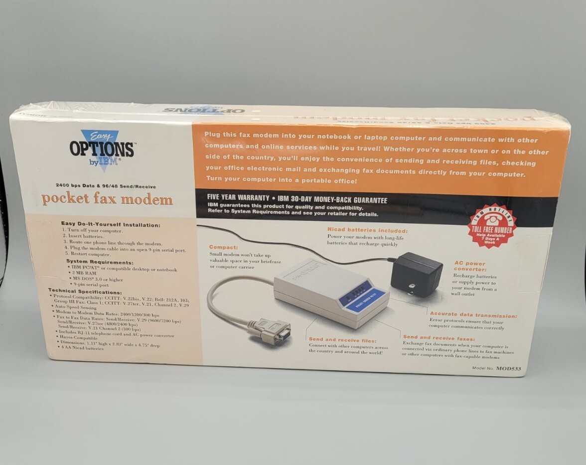 Vintage IBM Easy Options Pocket Fax Modem 2400 bps Data MOD533 NEW SEALED