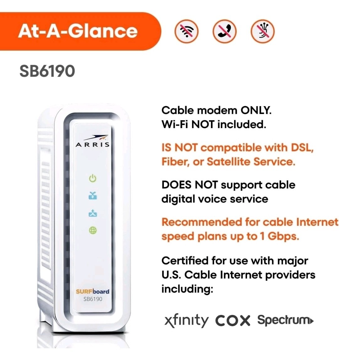 ARRIS (SB6190) Cable Modem – Fast DOCSIS 3.0 32×8 Gigabit Cable Modem, 800Mbps M