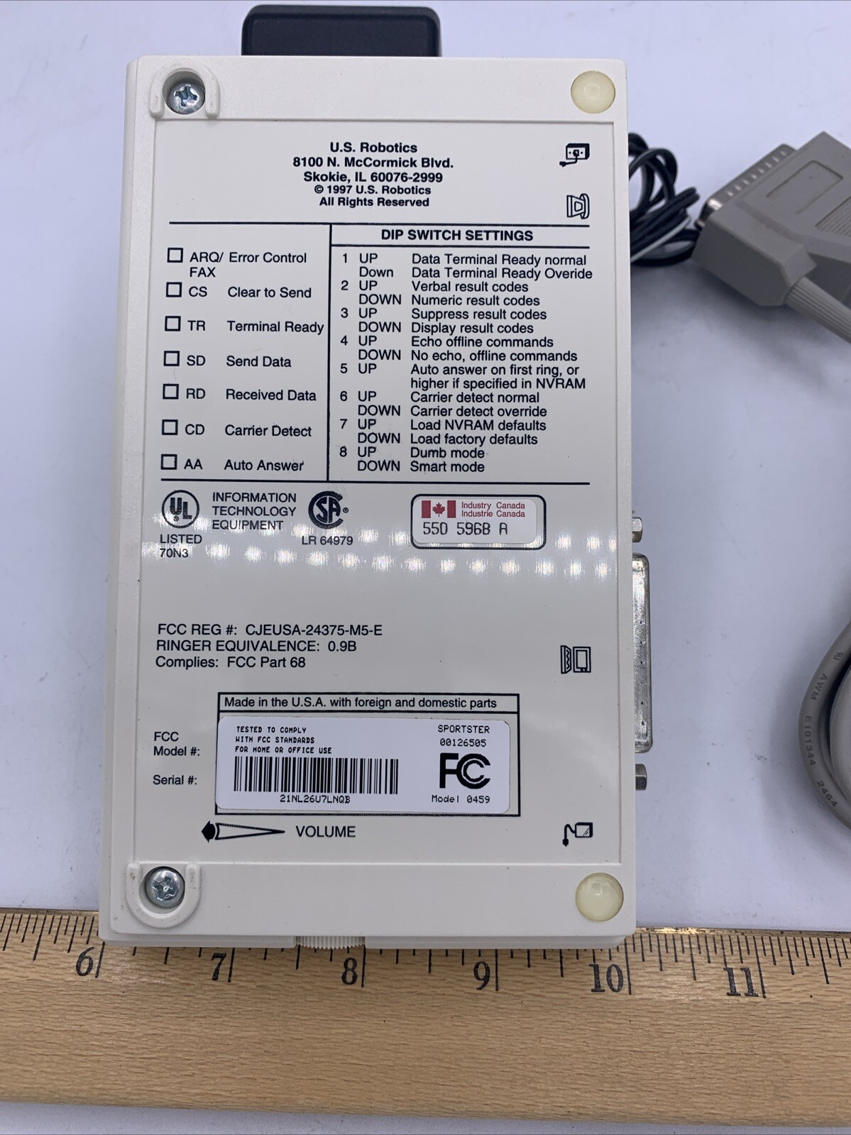 USR US Robotics Sportster Modem External Faxmodem 0459 w/Power Supply & Cable