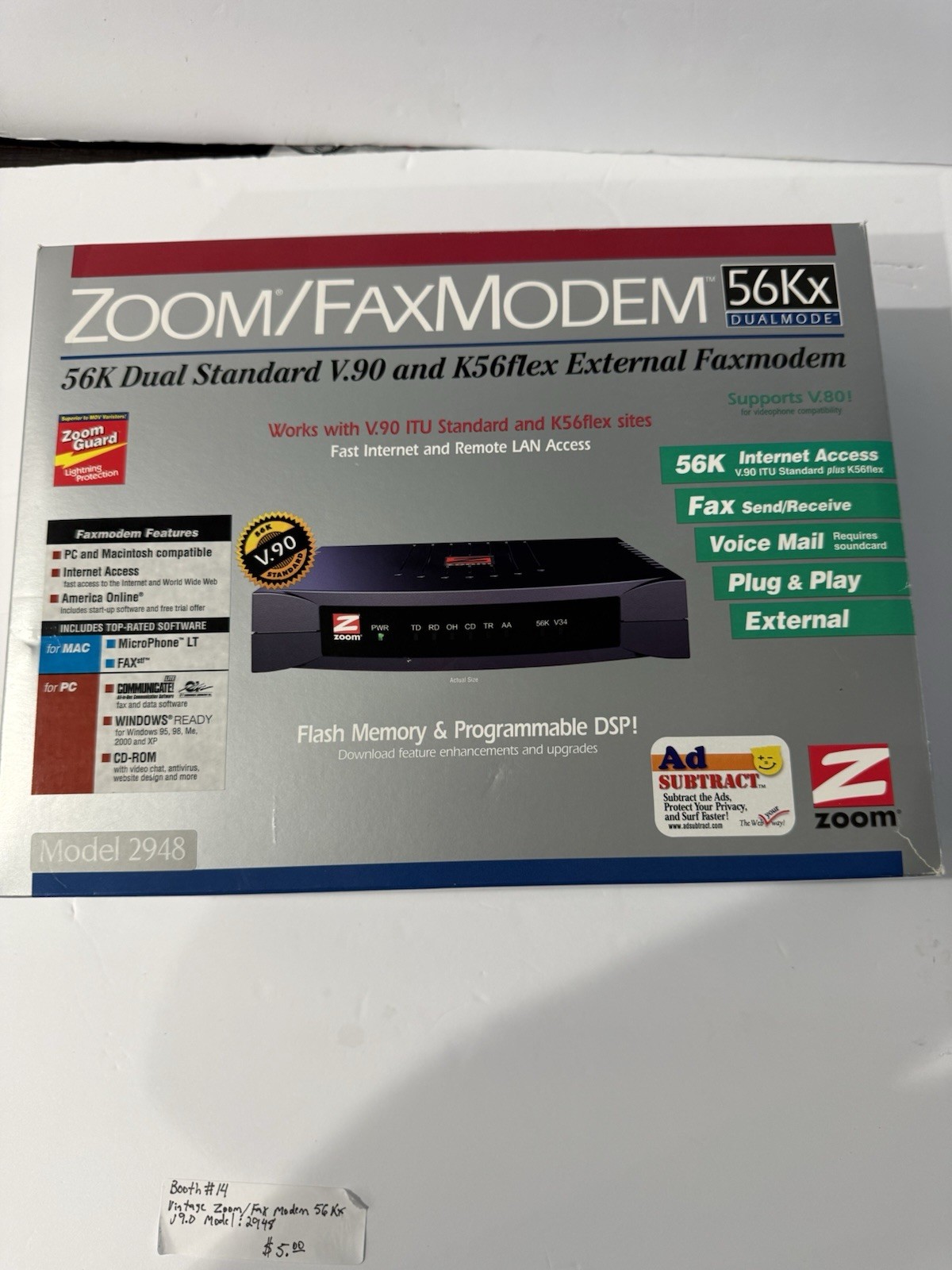 Zoom FaxModem 56Kx Dualmode Model 2948 Serial RS-232 Fax Voice Mail Gray