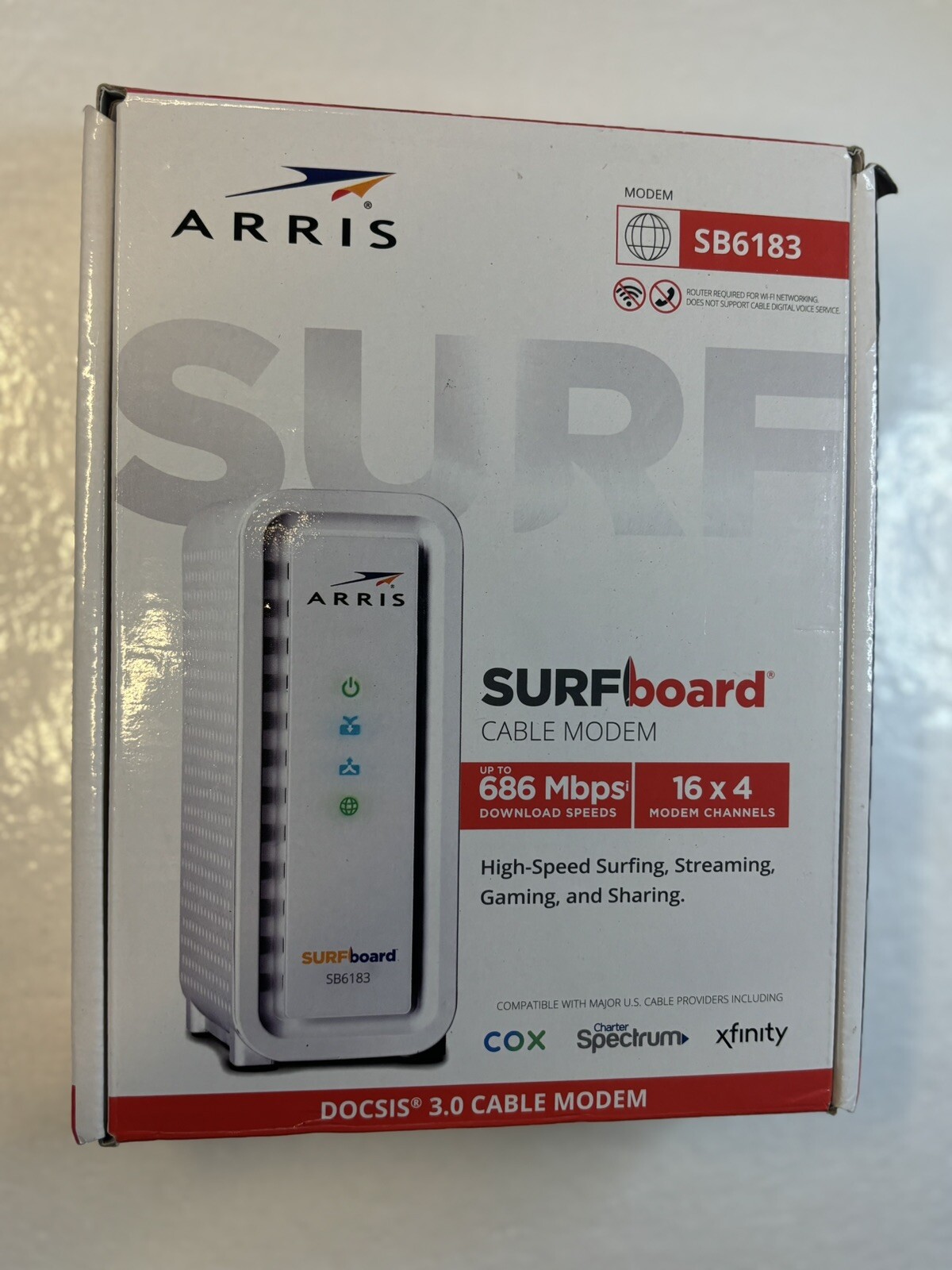 ARRIS SB6183 SURFboard DOCSIS 3.0 Cable Modem, 686Mbps, IPv4 & IPv6 Support, WHT