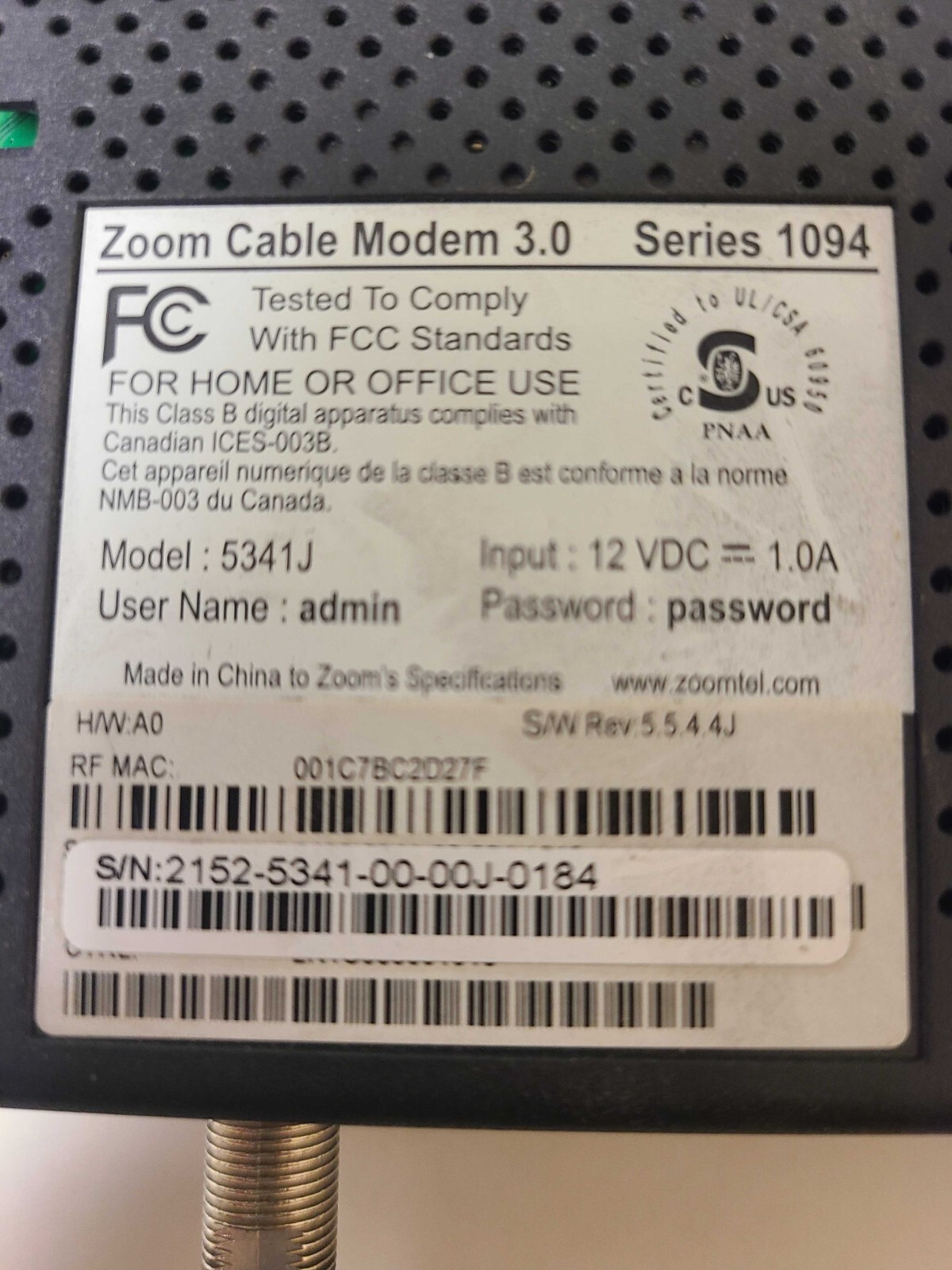 ZOOM CABLE MODEM 3.0 Model 5341J-SERIES 1094