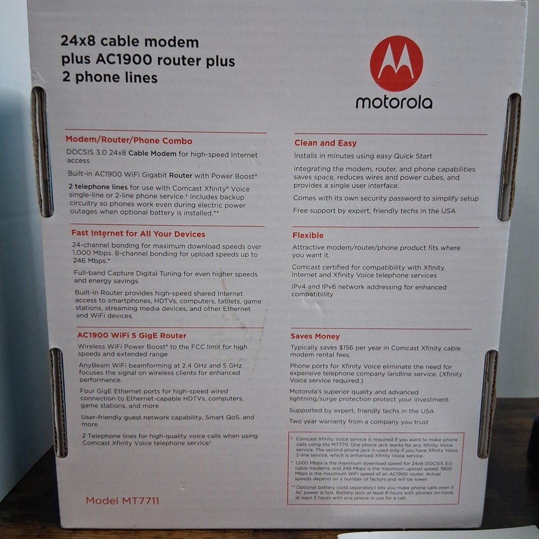 Motorola MT7711 24X8 Cable Modem and AC1900 Dual Band Wi-Fi Gigabit Router 2…