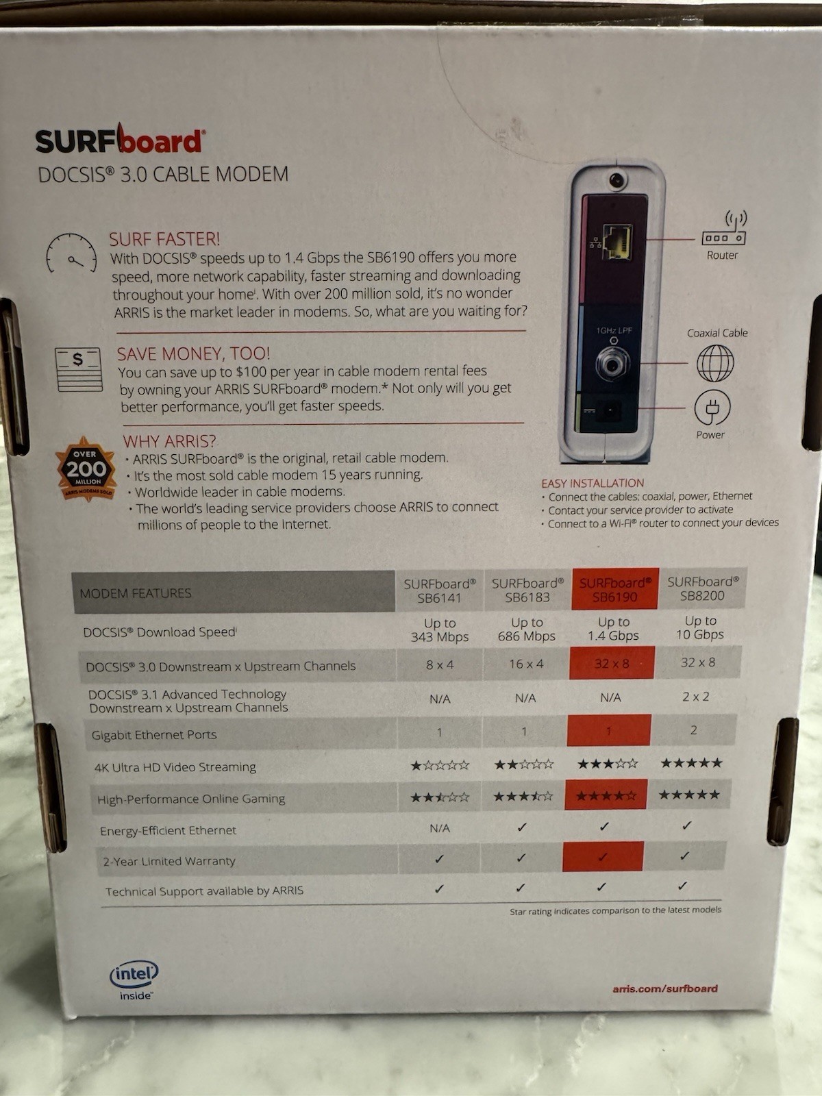 (Used) ARRIS Surfboard SB6190-RB DOCSIS 3.0 Cable Modem, White & Ethernet Cable