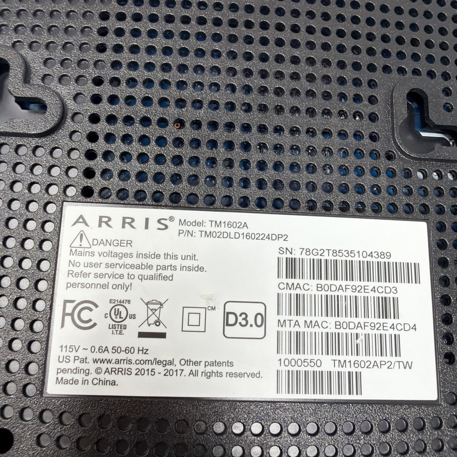 ARRIS Internet Cable Modem DOCSIS 3.0 Model TM1602A (A20)
