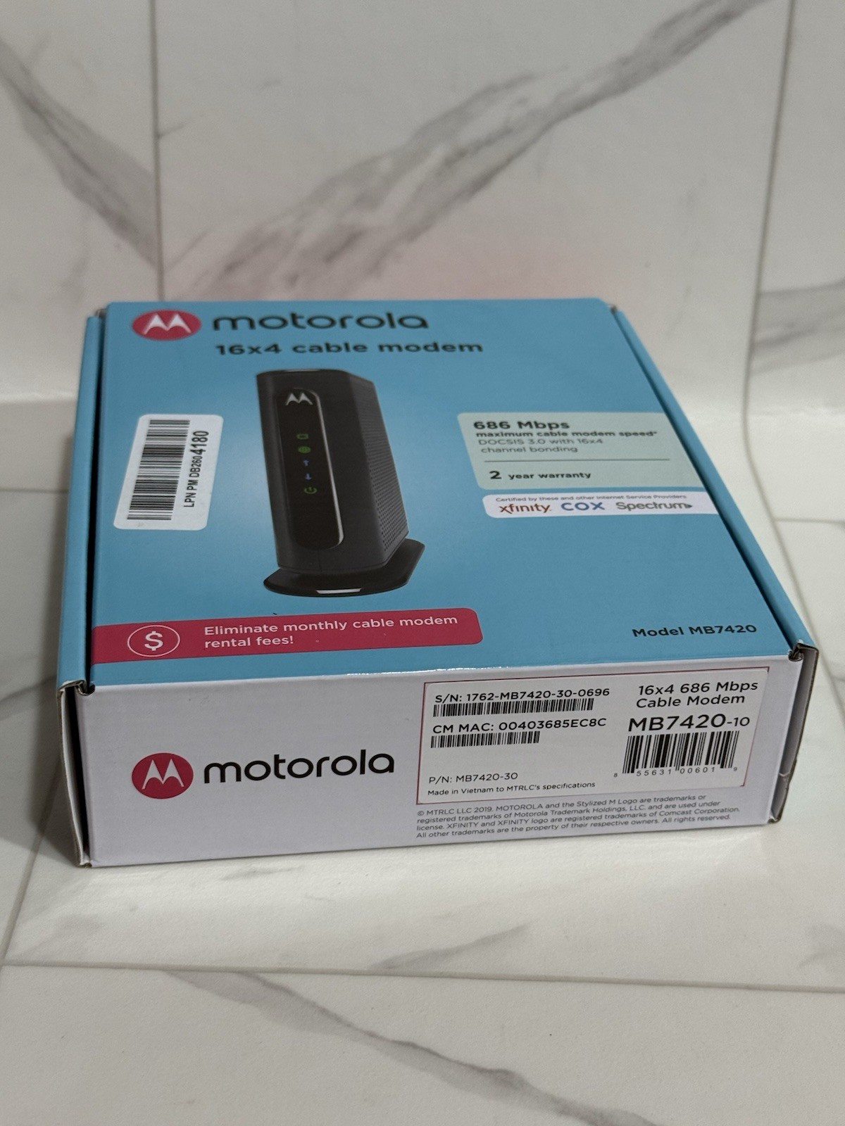 Motorola MB7420-10 16×4 686 Mbps DOCSIS 3.0 Cable Modem New Open Box