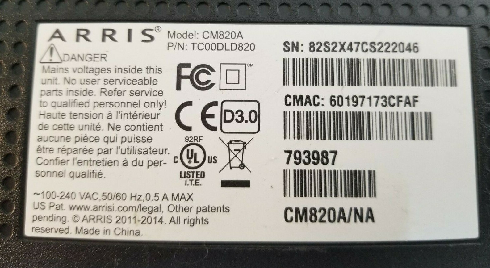 ARRIS CM820 Cable Modem UNTESTED No Cables
