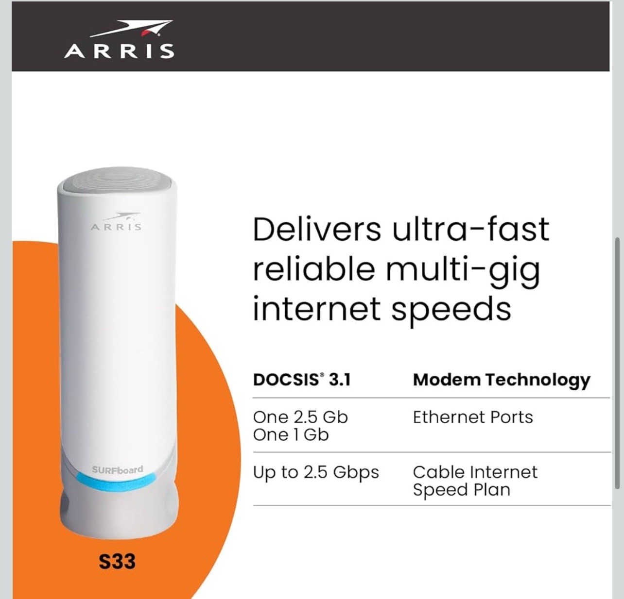 Arris S33 DOCSIS 3.1 Cable Modem 32×8 2.5Gbps Compatible With Cox Spectrum Xfini