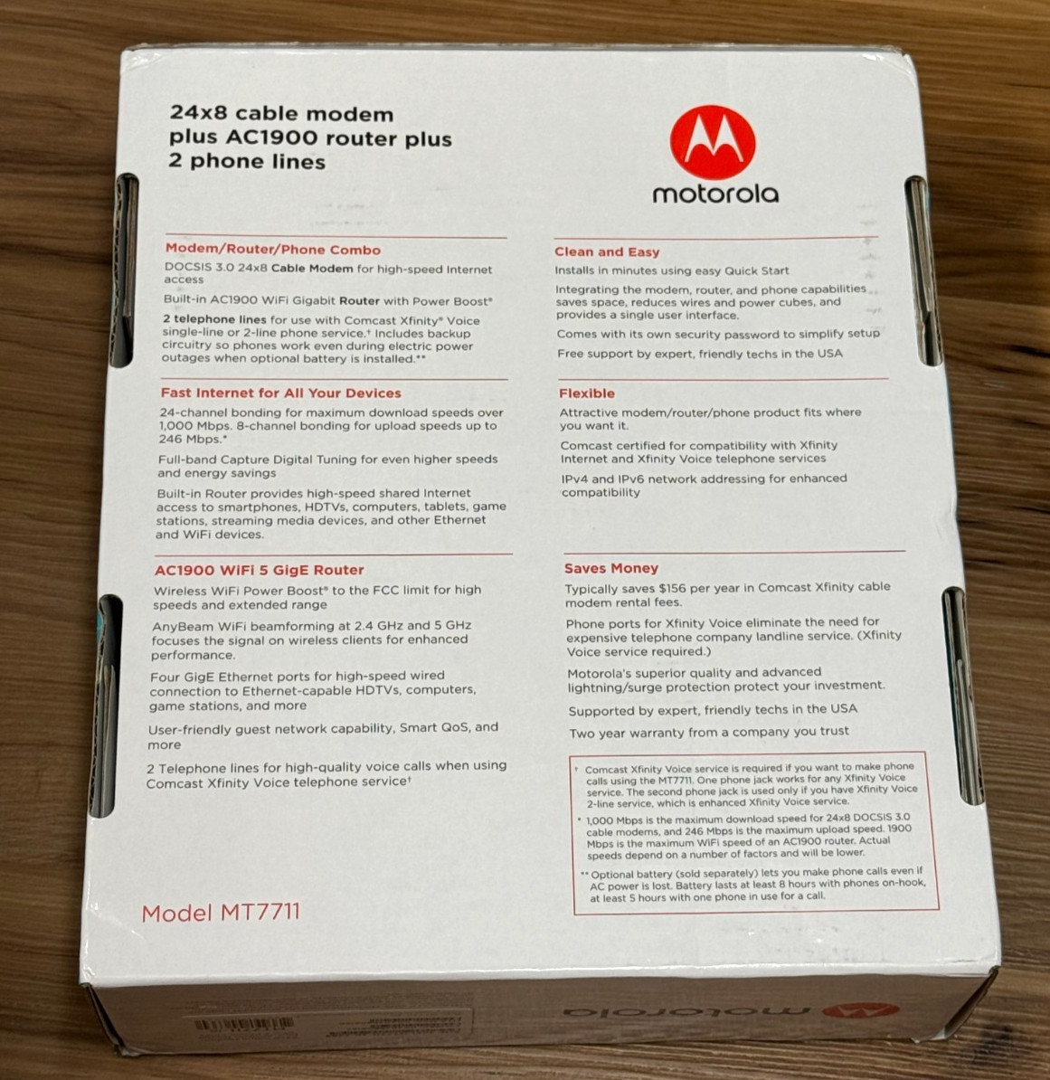 Motorola 24×8 MT7711 Cable Modem and AC1900 Dual Band Wi-Fi Router 2 Phone Lines