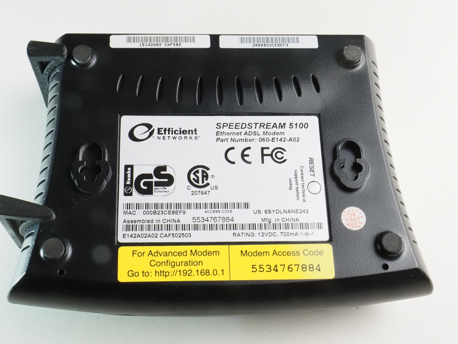 EX, TESTED, Efficient Networks SpeedStream 5100 ADSL MODEM and Power Supply