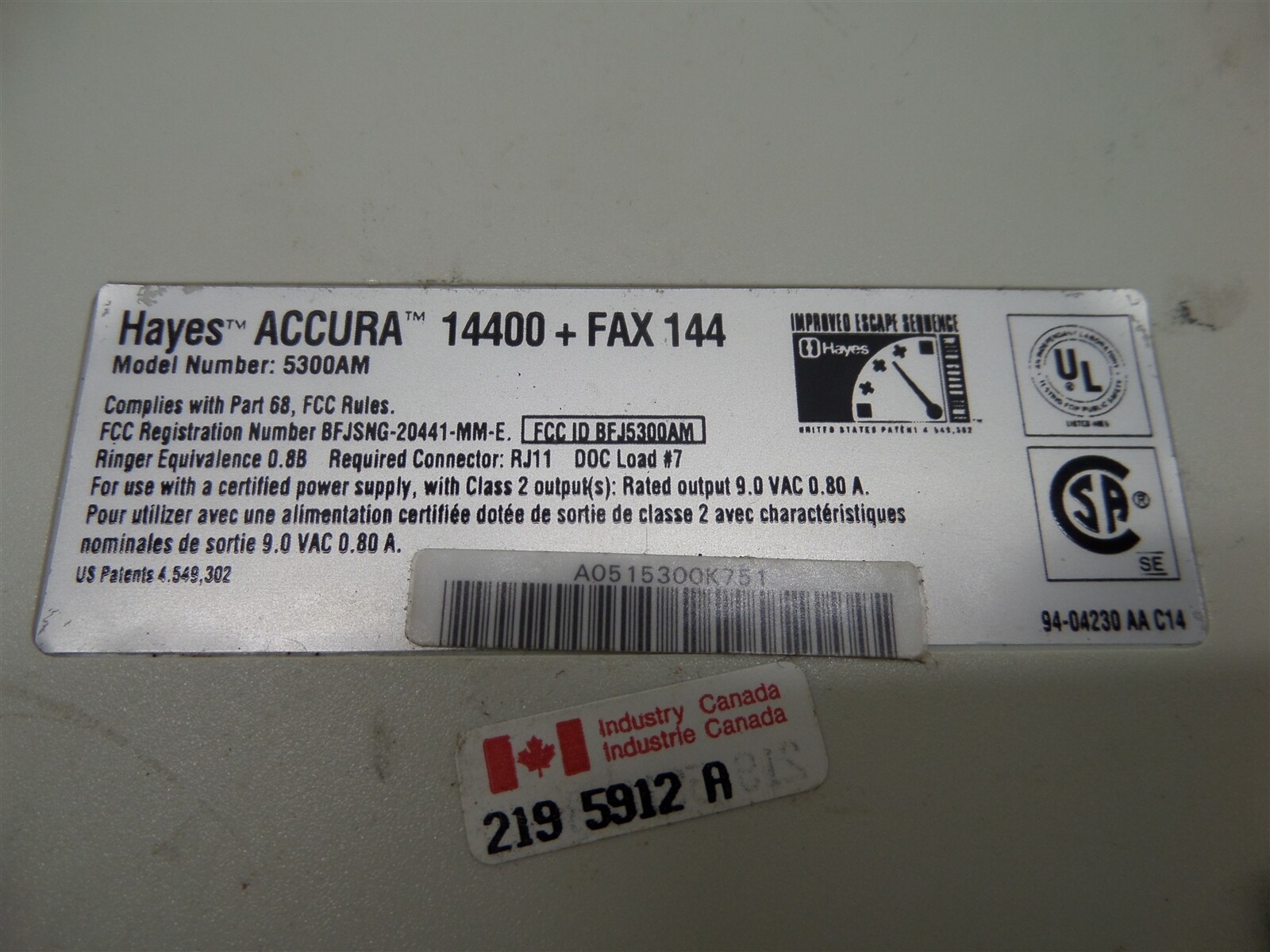 Hayes 5300AM Accura14400 + Fax144 External Modem