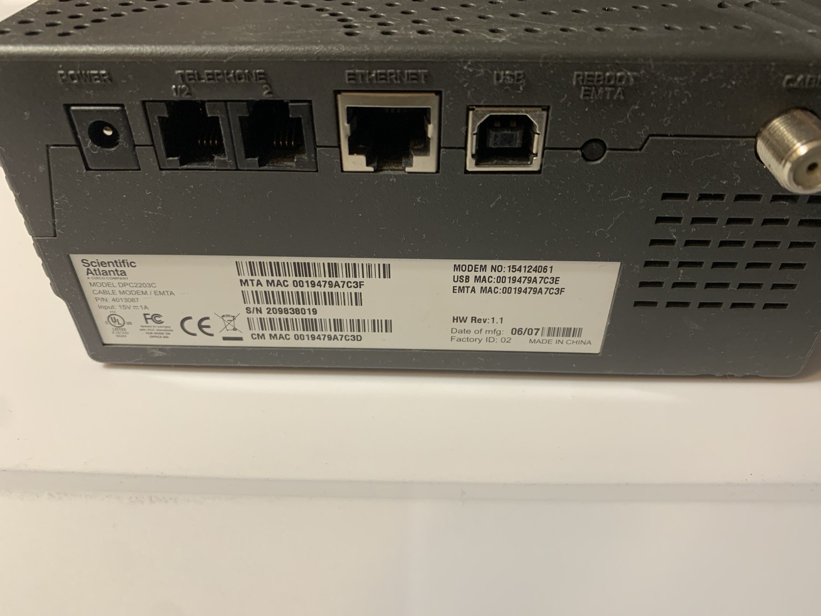 Scientific Atlanta/Cisco DPC2203C Cable Modem P/N 4013087 **MODEM ONLY**
