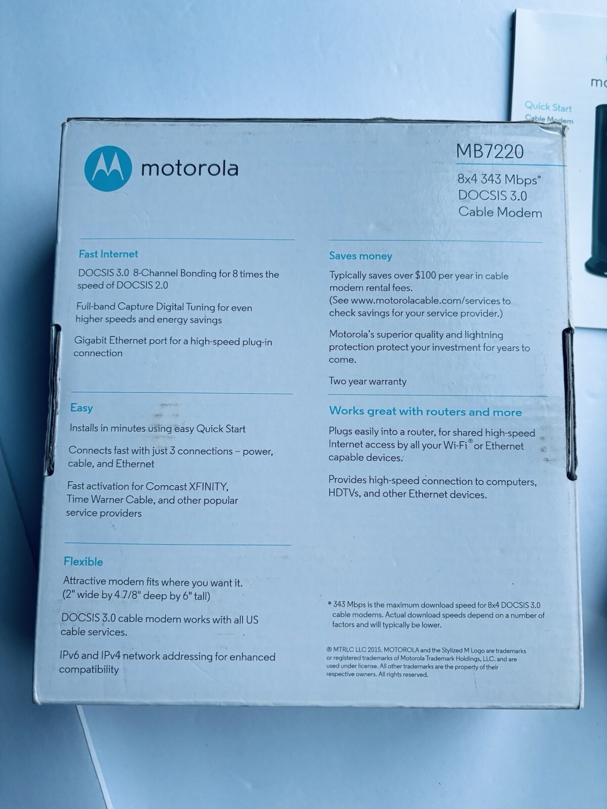 Motorola 8×4 Cable Modem MB7220, 343 Mbps DOCSIS 3.0 Turns On Did Not Wire Test