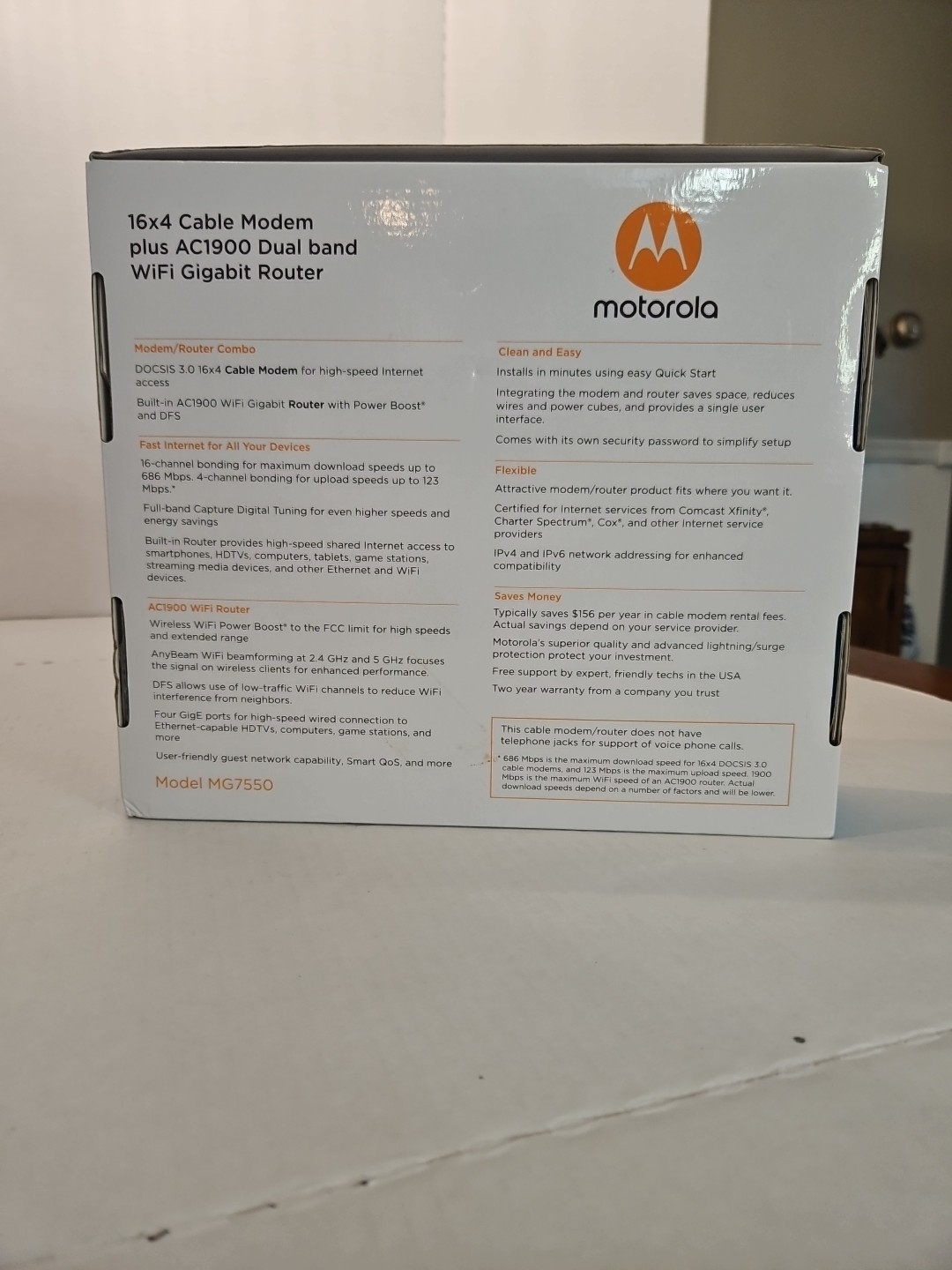 Motorola AC1900 Cable Gateway Modem Mesh Compatible Black Model MG7550