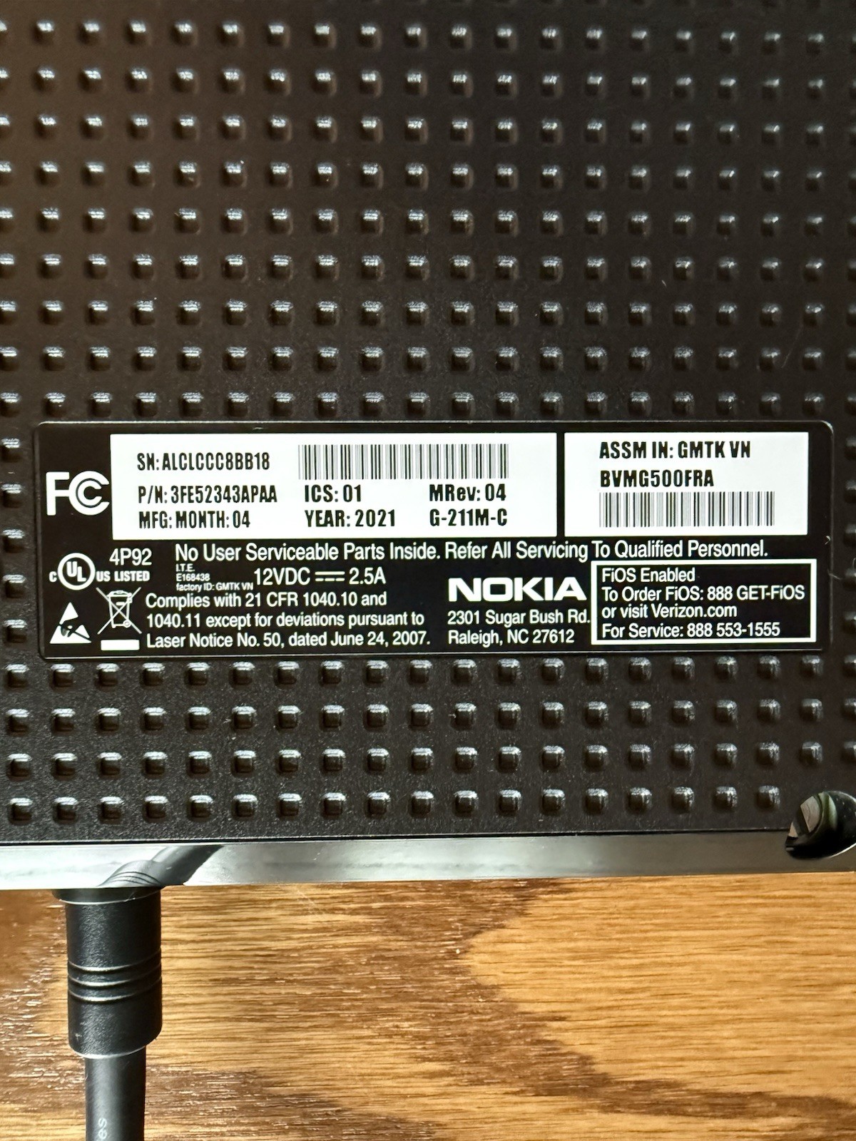 Verizon Fios Nokia G-211M-C ONT Fiber Optic Modem w/ Power Supply & Cables