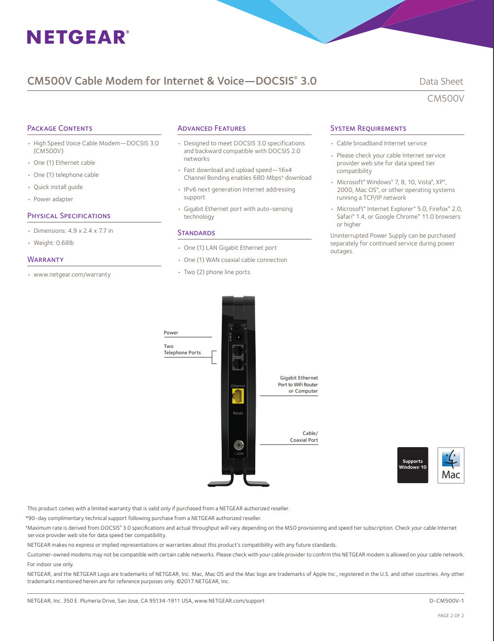 NETGEAR CM500V Cable Modem for Internet & Voice