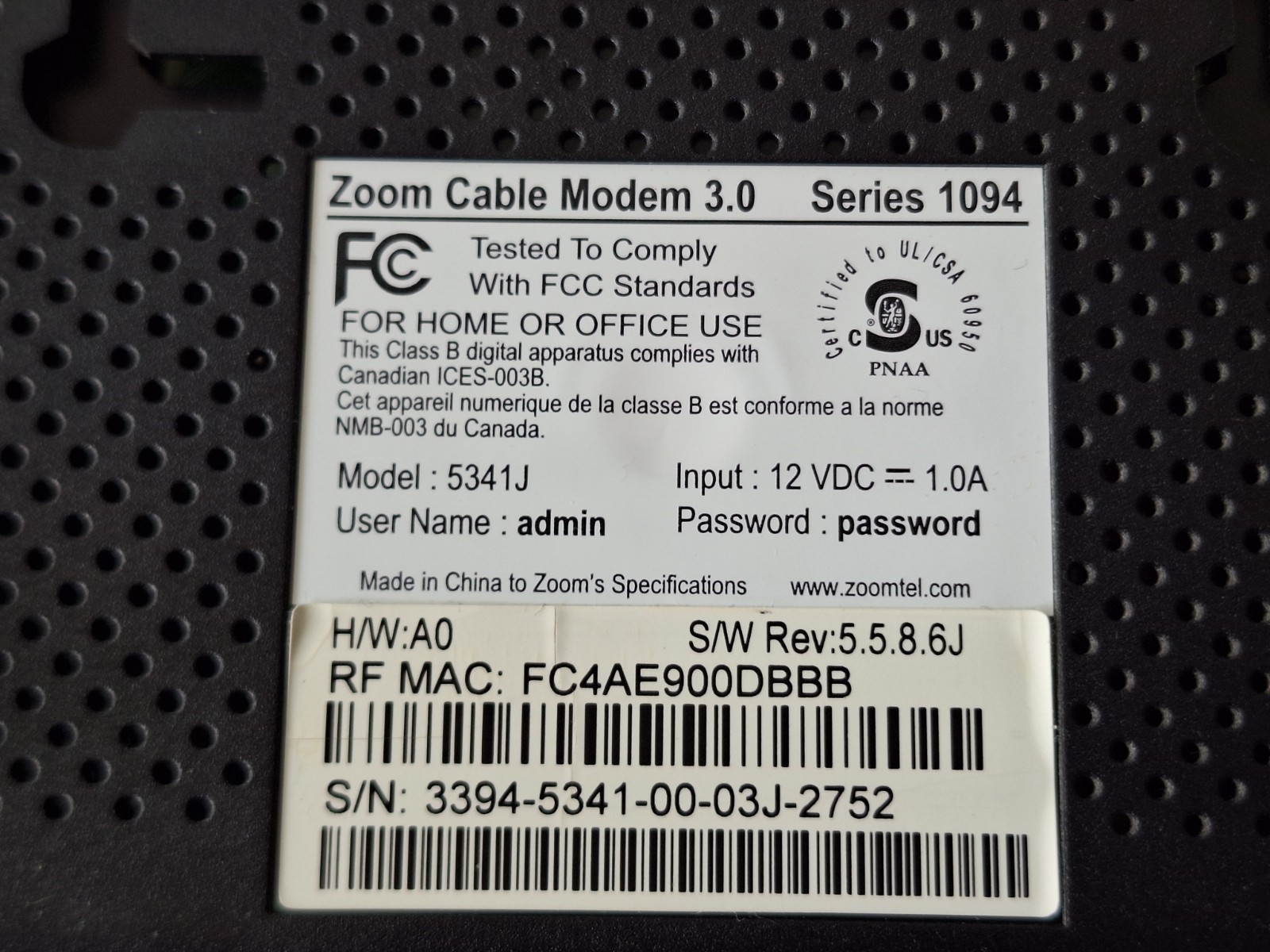 ZOOM CABLE MODEM 3.0 MODEL 5341J SERIES 1094 TESTED