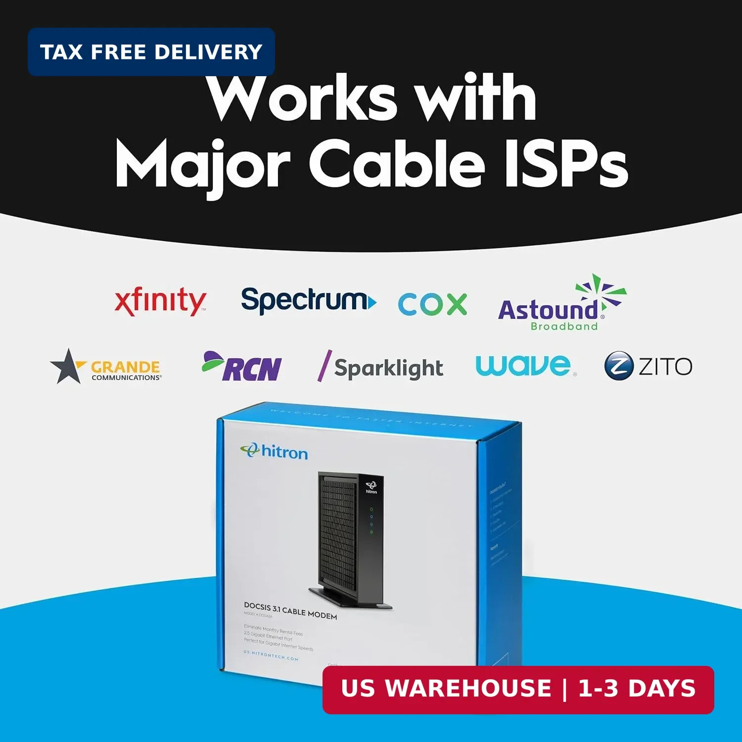 Hitron CODA56 Cable Internet Modem ONLY – DOCSIS 3.1 | 2.5 Gbps | NO WiFi – Requ