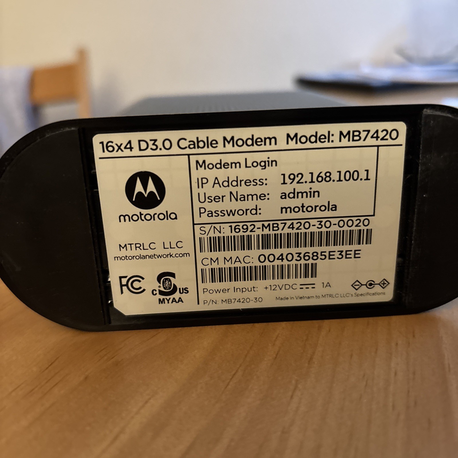 Motorola MB742010 686mbps DOCSIS 3.0 Cable Modem