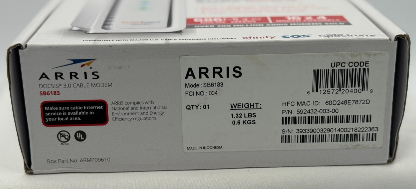ARRIS SB6183 SurfBoard DOCSIS 3.0 Cable Modem – One 1 Gigabit Ethernet Port