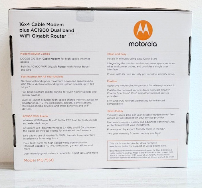 Motorola MG7550 16×4 High Speed ​​Cable Modem Plus AC1900 WiFi Router