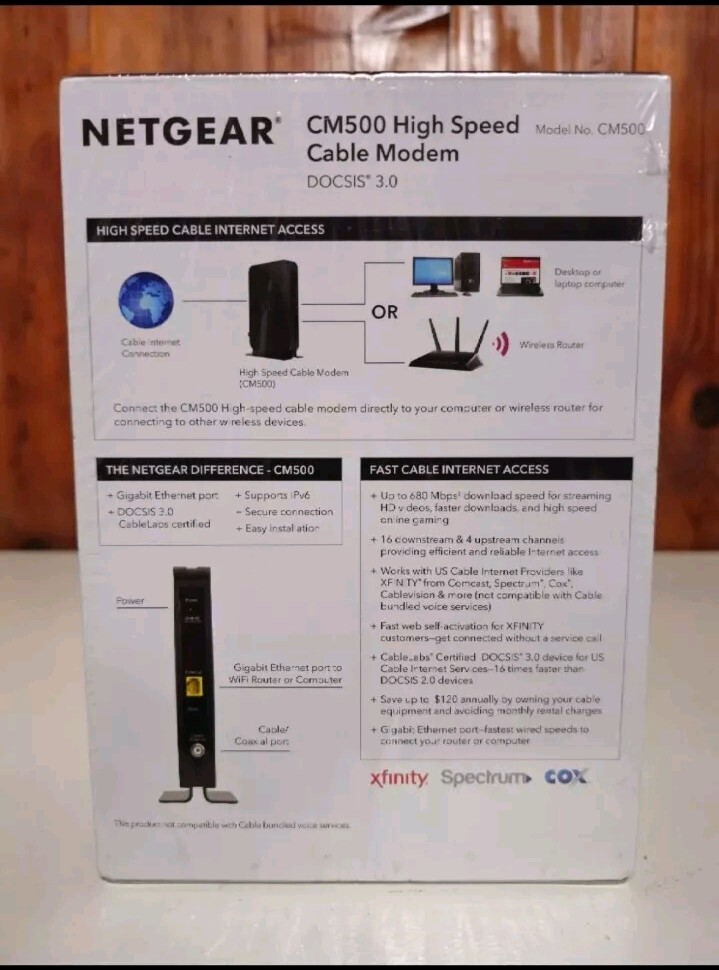 NETGEAR CM500 High Speed Modem DOCSIS 3.0 (CM500100NAS) 680 Mbps, Black – SEALED