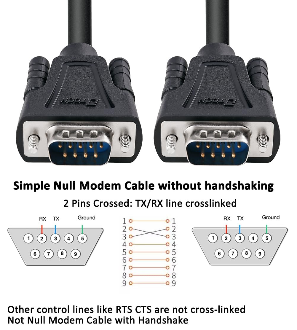 10ft RS232 Serial Cable DB9 Null Modem Male to Male Cord Simple Cross TX RX line