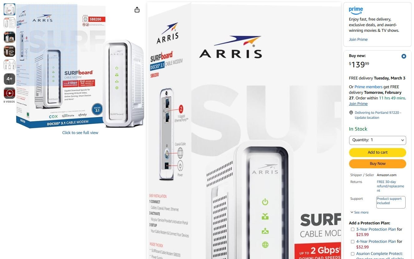 ARRIS SURFboard SB8200 DOCSIS 3.1 10 Gbps Cable Modem 9K