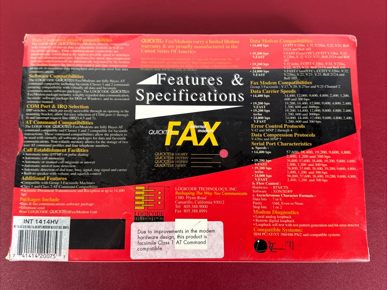 14,400 bps Quicktel Internal Fax Modem, Receive V.32bis w/ V.42bis MNP2-5