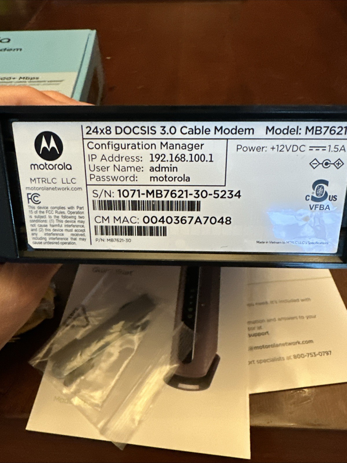 Motorola 24×8 Cabel Modem Model MB7621 DOCSIS 3.0 – New/Open Box
