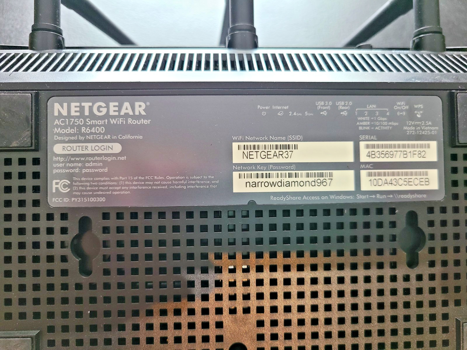 NETGEAR R6400 AC1750 Dual Band Smart WiFi Router w/ Power Adapter Used