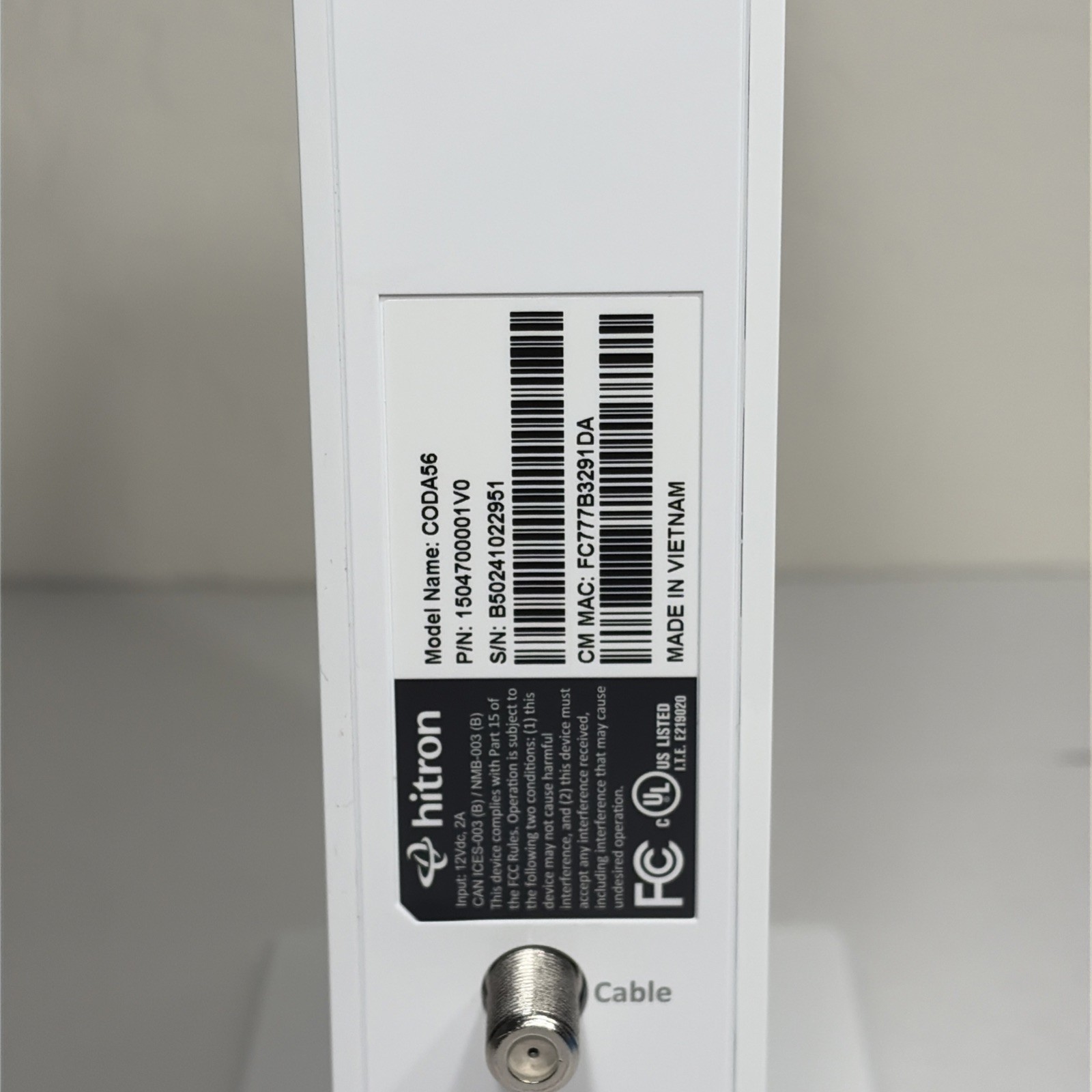 Hitron CODA56 DOCSIS 3.1 Cable Modem 2.5Gbps White – Open Box