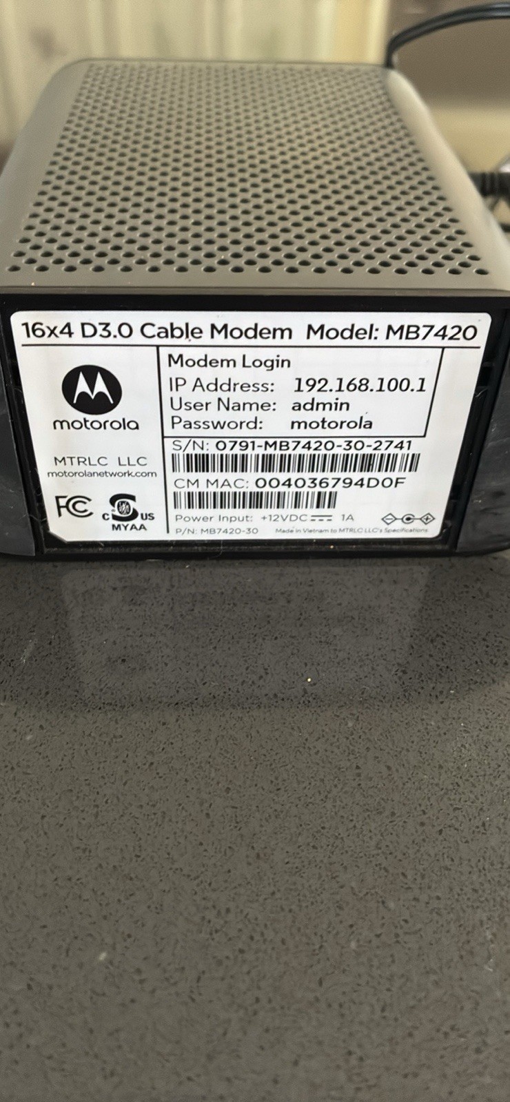 Motorola MB7420 Cable Modem 686 Mbps – Works Great w/ Power Adapter & Cable⁠