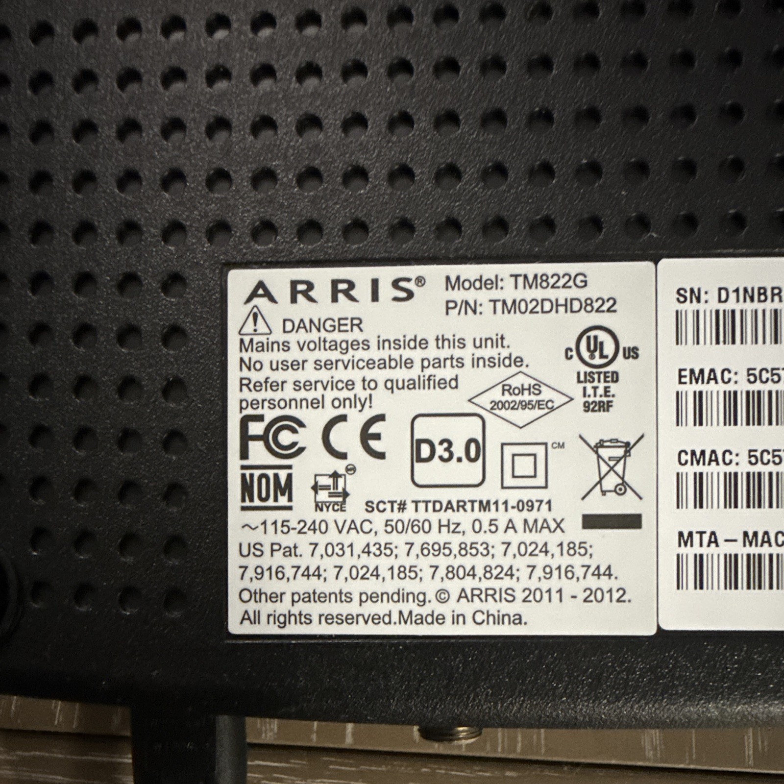 ARRIS TM822G DOCSIS 3.0 Cable Modem 320 Mbps 1 LAN Ethernet Coax TM02DHD822