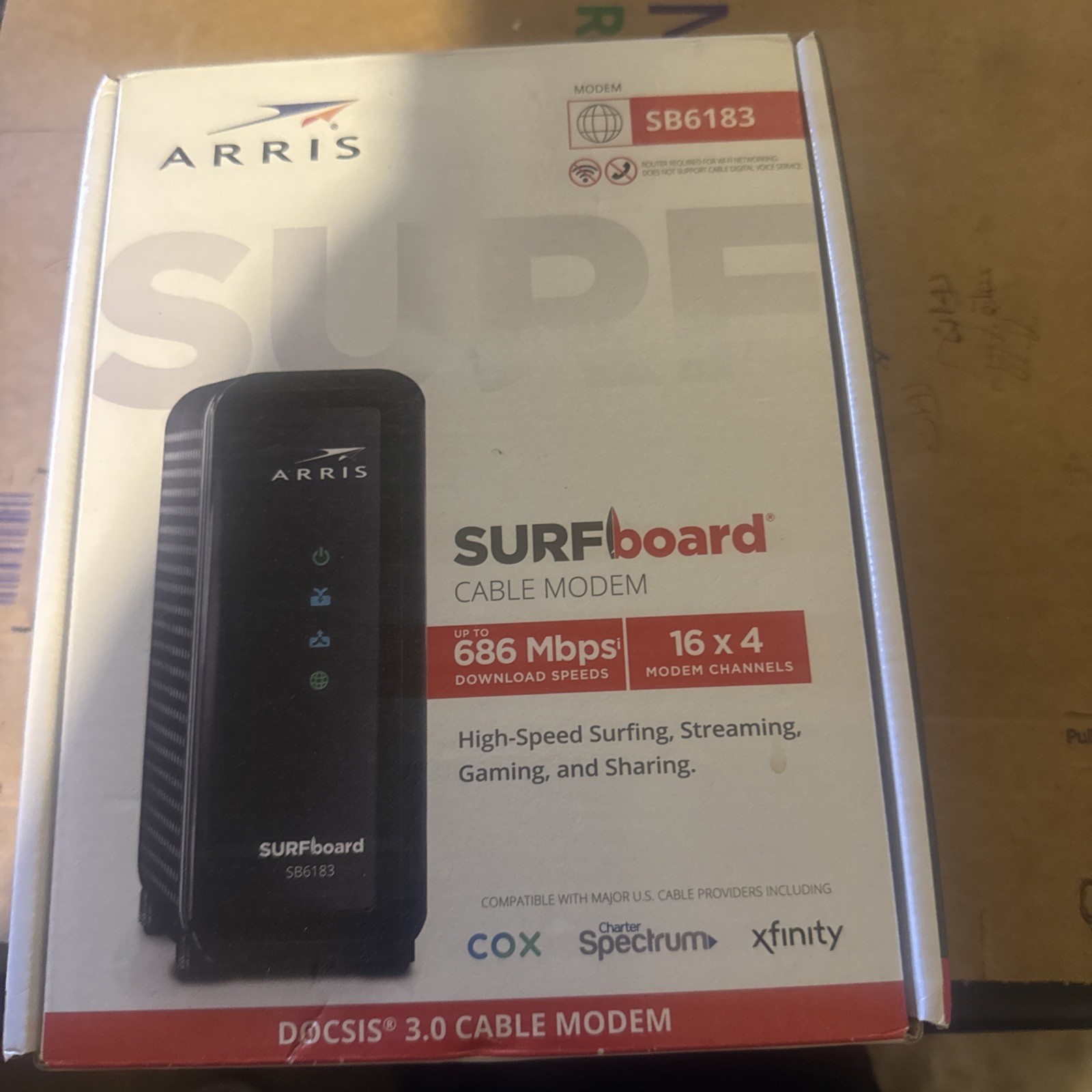 ARRIS SURFboard 16×4 DOCSIS 3.0 Cable Modem SB6183 Black 612572216712 Rough Box