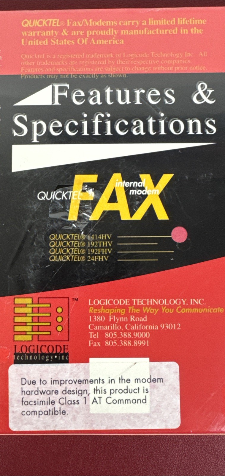 14,400 bps Quicktel Internal Fax Modem, Receive V.32bis w/ V.42bis MNP2-5