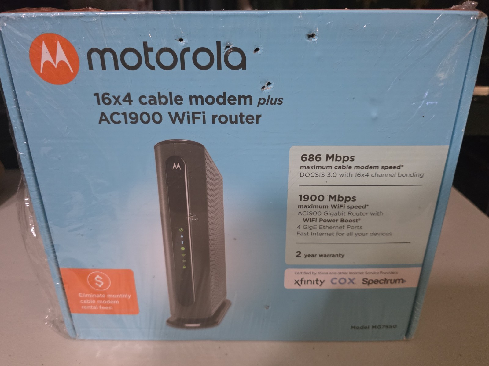 MOTOROLA MG7550-30 AC1900 WIFI ROUTER 16X4 CABLE MODEM PLUS ROUTER