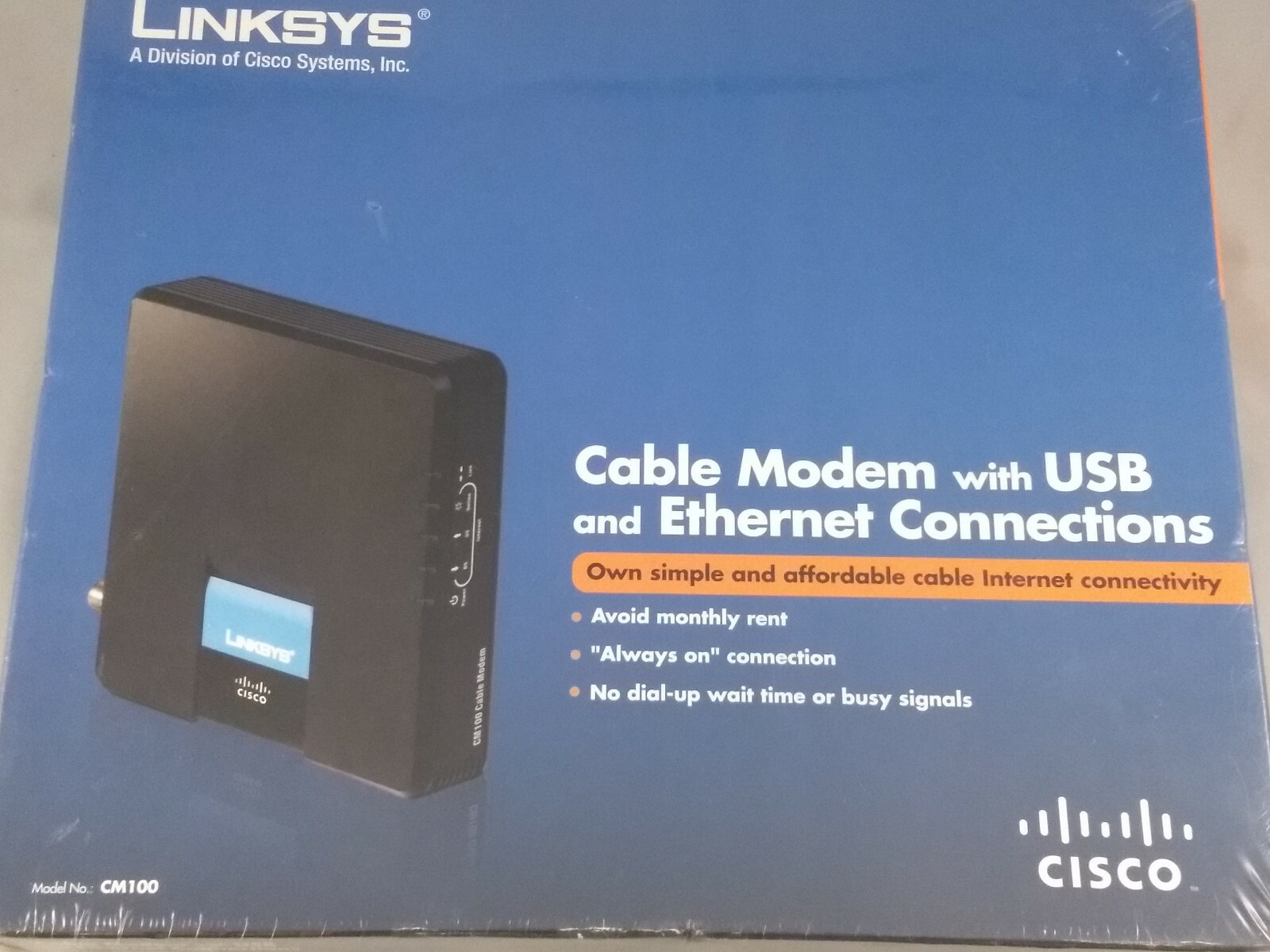 Linksys CM100 Cable Modem with USB and Ethernet Connections New Sealed