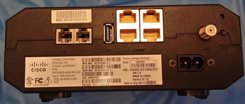 CISCO DPQ3925 8×4 DOCSIS 3.0 Wireless Gateway Modem Router with EDVA Voice