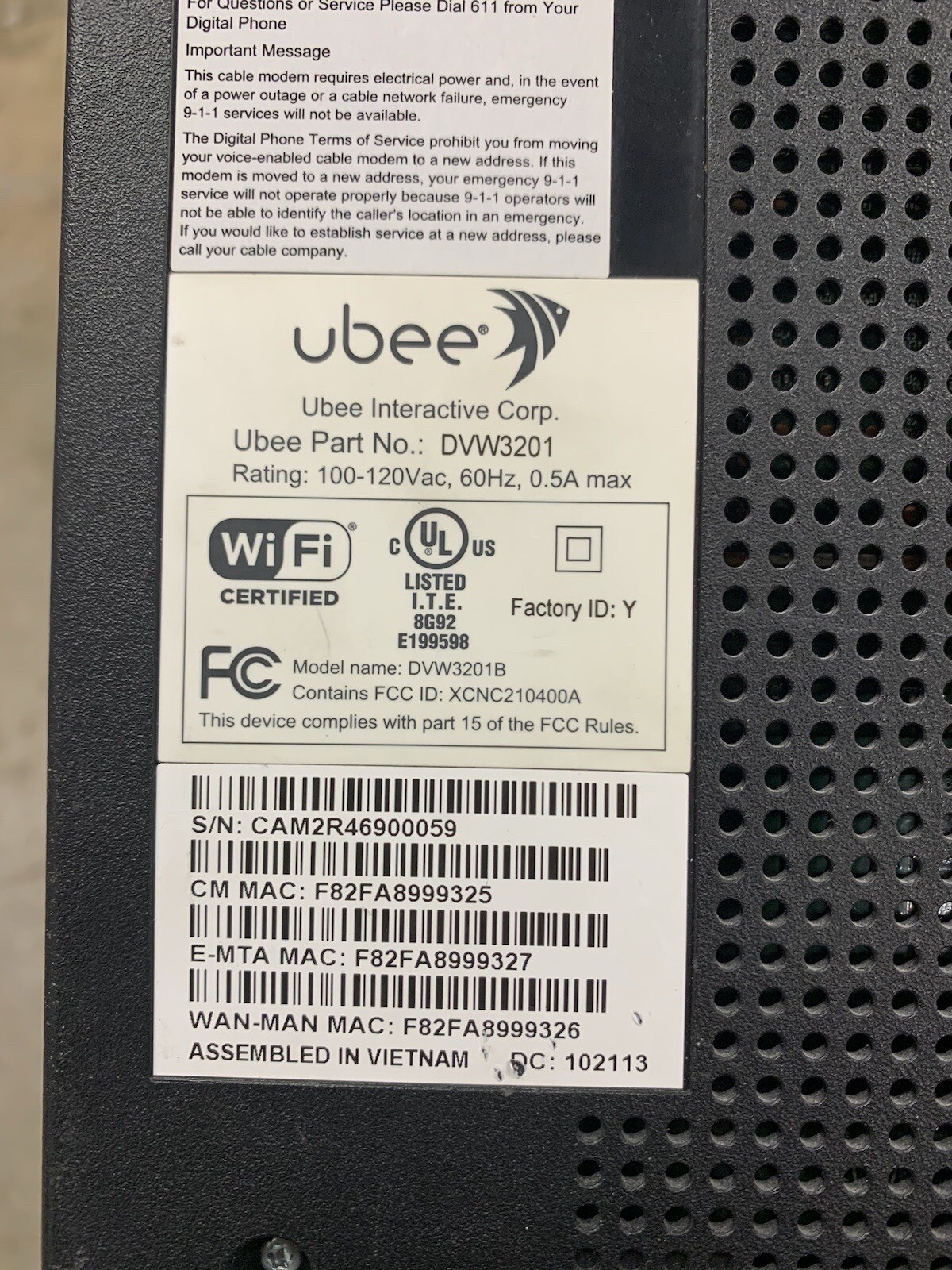 Ubee DVW3201B Wireless Cable Modem -No Power Cord