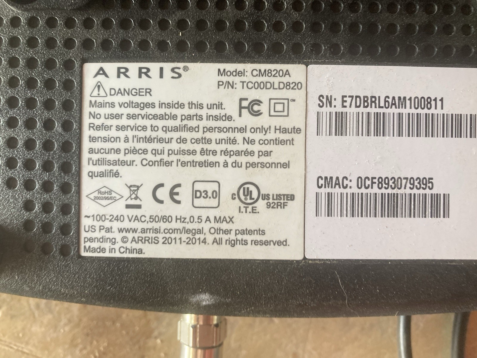 ARRIS Touchstone CM820A Black Cable Modem