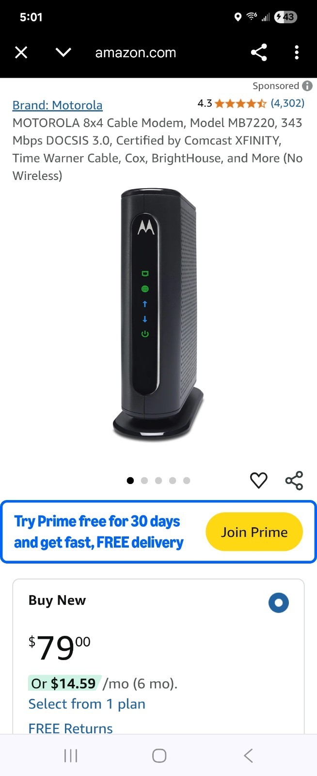 Motorola 8×4 Cable Modem 343 Mbps model MB7220